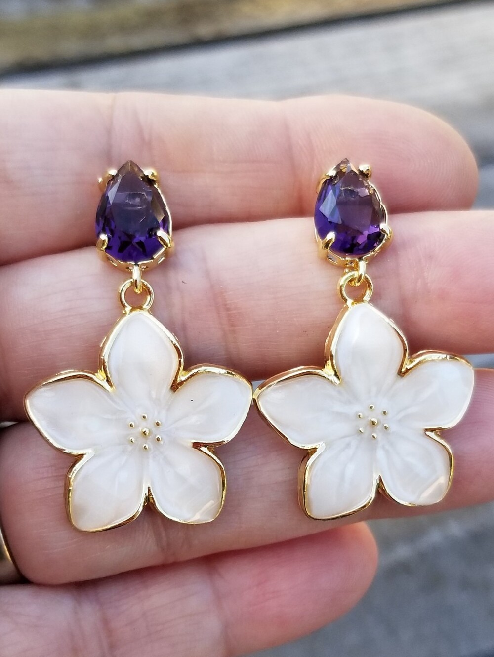14k Gold Amethyst Floral Stud Earrings, Large White Flower Dangle Earrings
